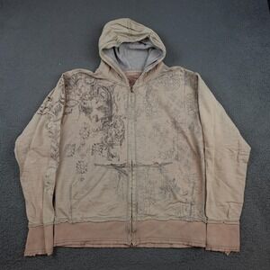 Vintage Distressed Grunge Skate Mens Large Beige Full Zip Y2K Goth AOP